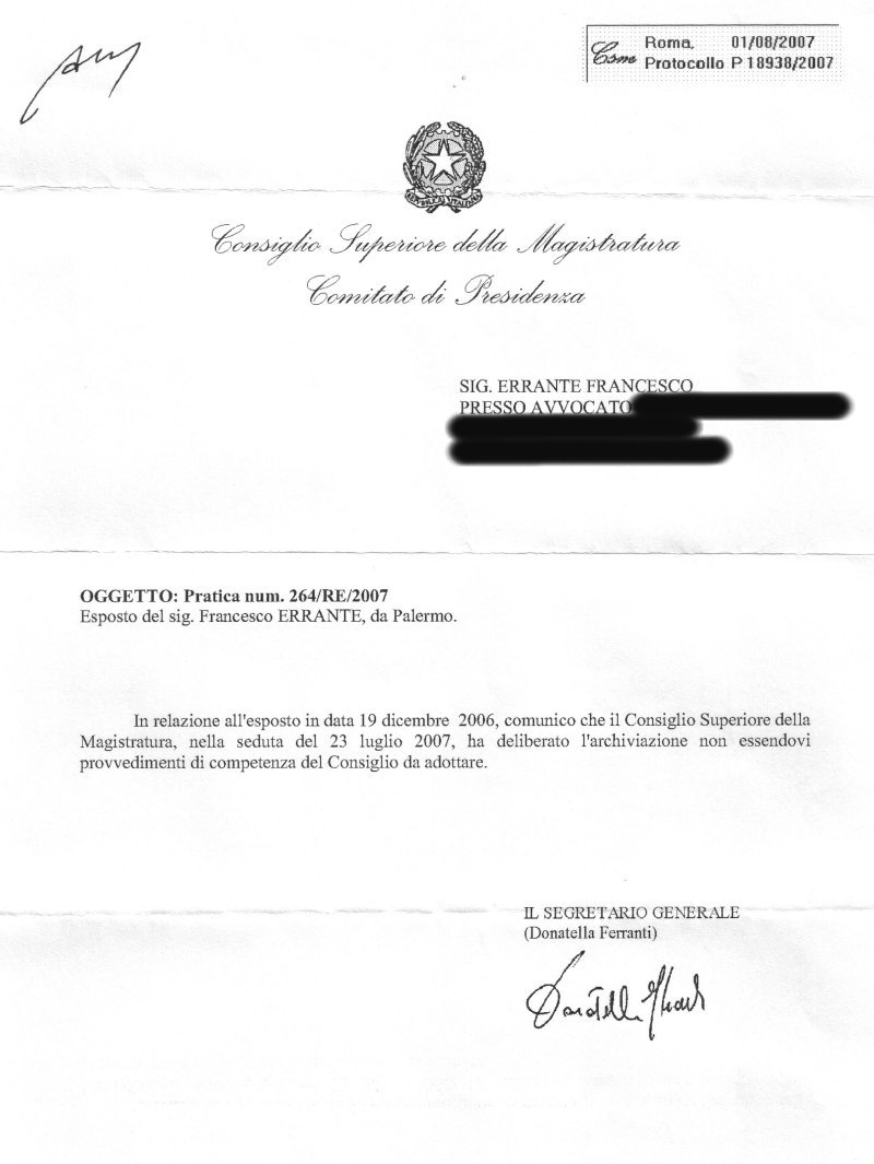 Lettera del Consiglio Superiore della Magistratura